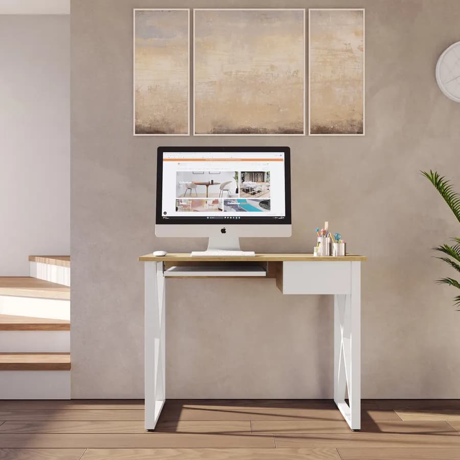 Scrivania 100x55 cm con top effetto frassino con cassetto e ripiano tastiera scorrevole - Apta