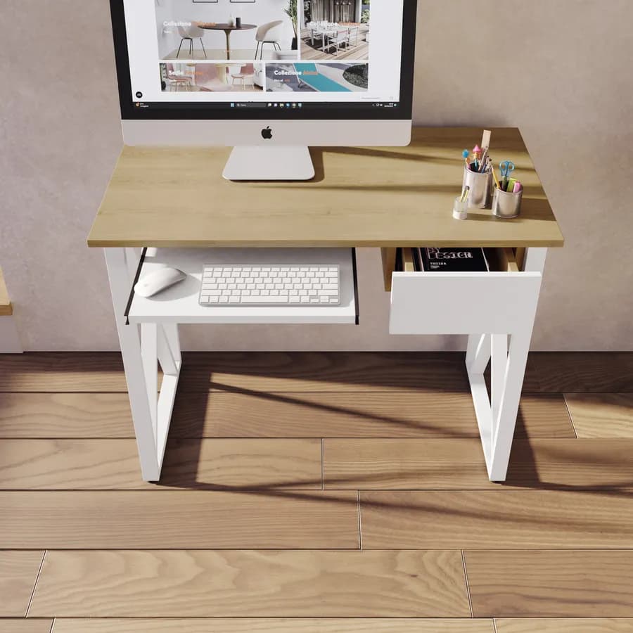 Scrivania 100x55 cm con top effetto frassino con cassetto e ripiano tastiera scorrevole - Apta