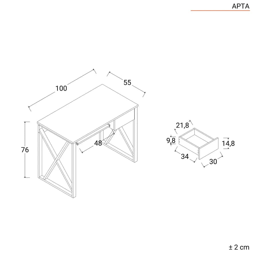 Scrivania 100x55 cm con top effetto frassino con cassetto e ripiano tastiera scorrevole - Apta