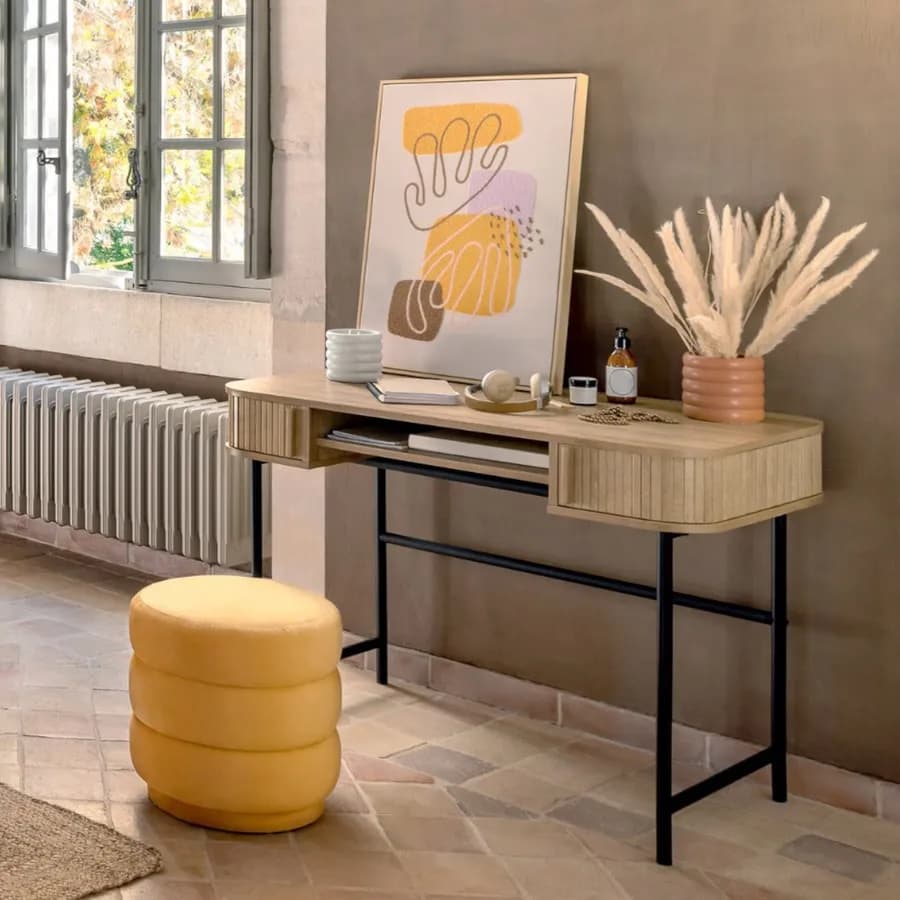 Scrivania 105x60 cm in legno cannettato e struttura in metallo nero con ante scorrevoli - Dhana
