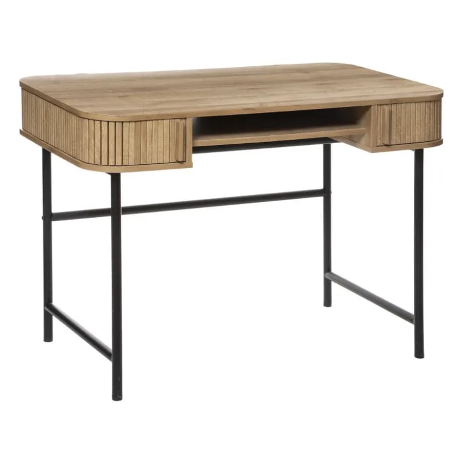 Scrivania 105x60 cm in legno cannettato e struttura in metallo nero con ante scorrevoli - Dhana