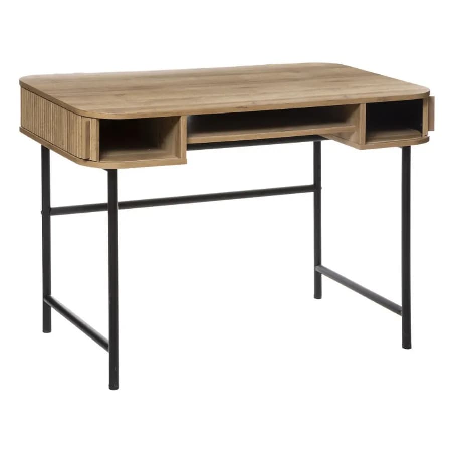 Scrivania 105x60 cm in legno cannettato e struttura in metallo nero con ante scorrevoli - Dhana