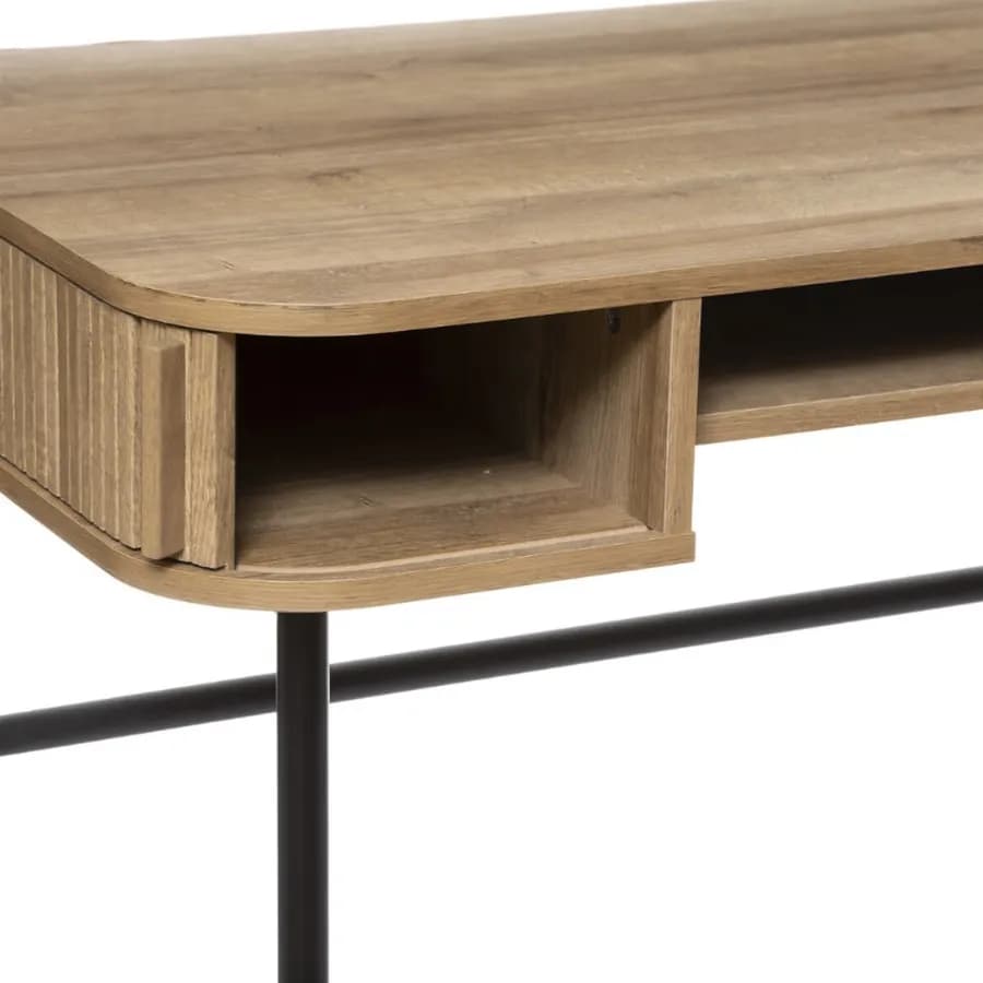 Scrivania 105x60 cm in legno cannettato e struttura in metallo nero con ante scorrevoli - Dhana