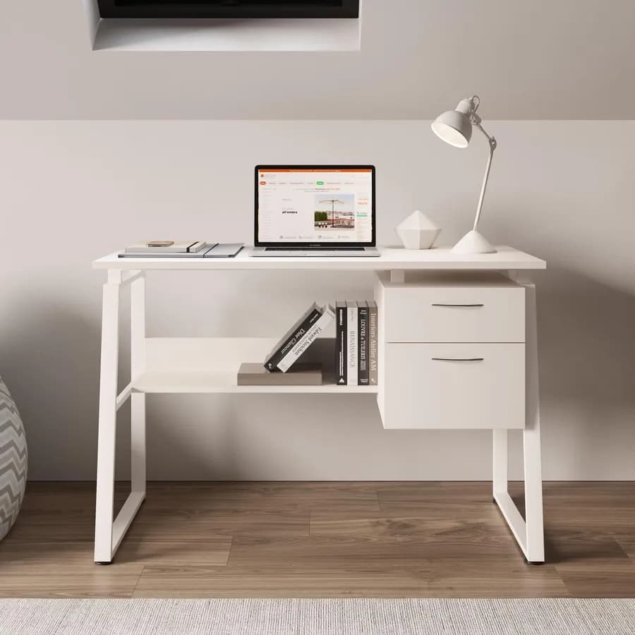 Scrivania 110x55 cm in legno e acciaio bianco con mensola e cassettiera integrata - Kerli