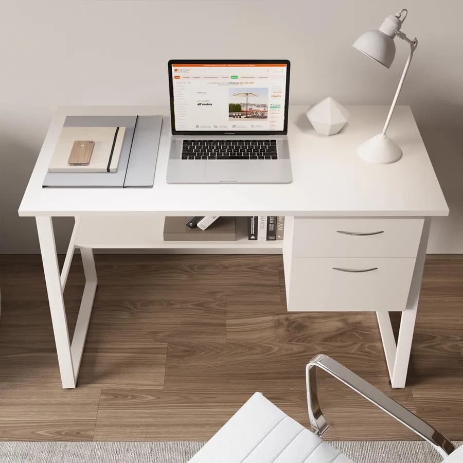 Scrivania 110x55 cm in legno e acciaio bianco con mensola e cassettiera integrata - Kerli