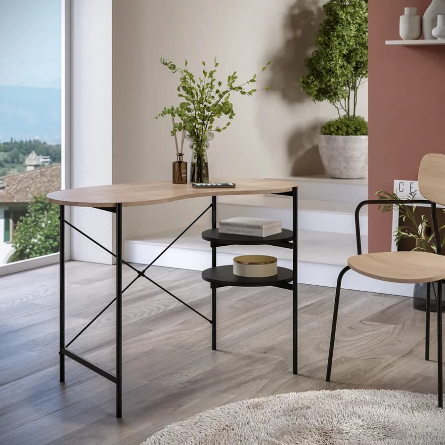 Scrivania 110x55 cm top in legno e struttura in metallo nero con ripiani laterali - Clefy