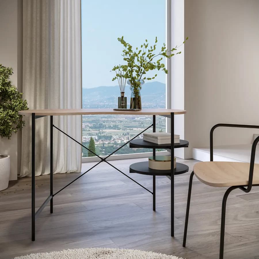 Scrivania 110x55 cm top in legno e struttura in metallo nero con ripiani laterali - Clefy