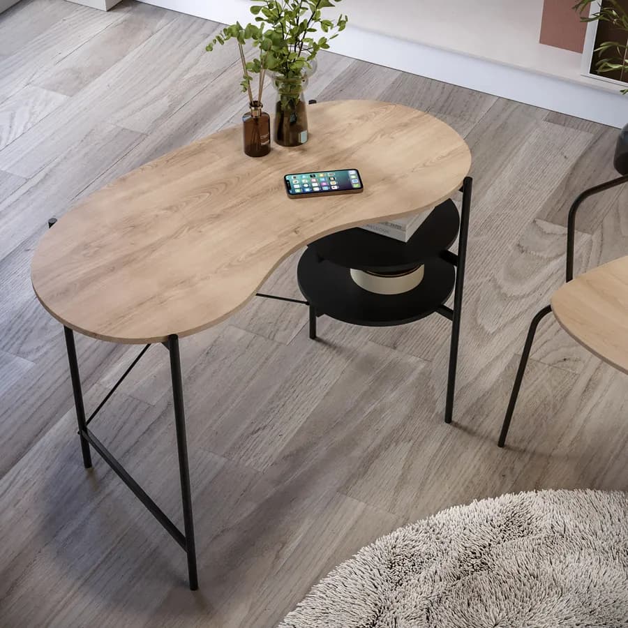 Scrivania 110x55 cm top in legno e struttura in metallo nero con ripiani laterali - Clefy