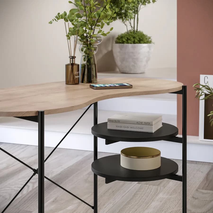 Scrivania 110x55 cm top in legno e struttura in metallo nero con ripiani laterali - Clefy