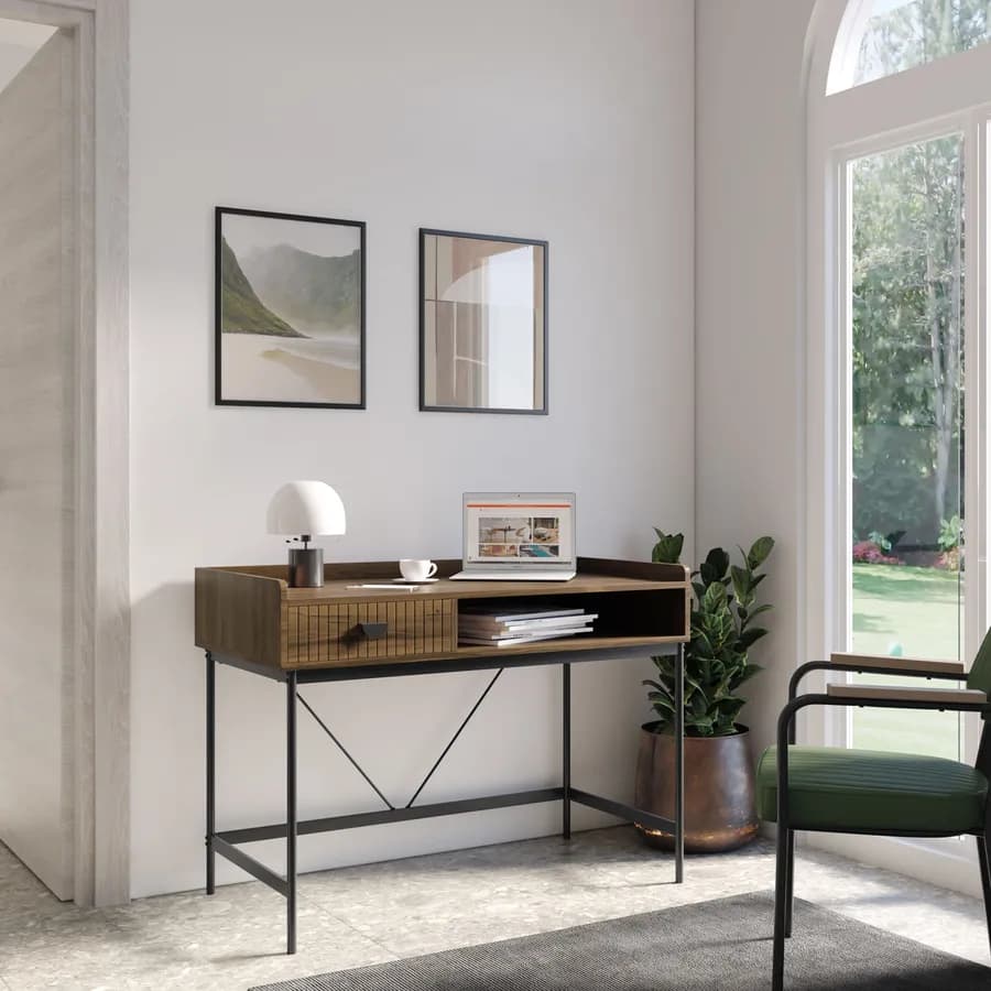 Scrivania 110x55 cm con 1 cassetto soft close noce cannettato e gambe in metallo nero - Ozma