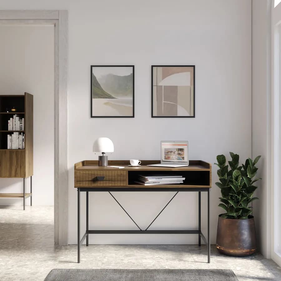 Scrivania 110x55 cm con 1 cassetto soft close noce cannettato e gambe in metallo nero - Ozma
