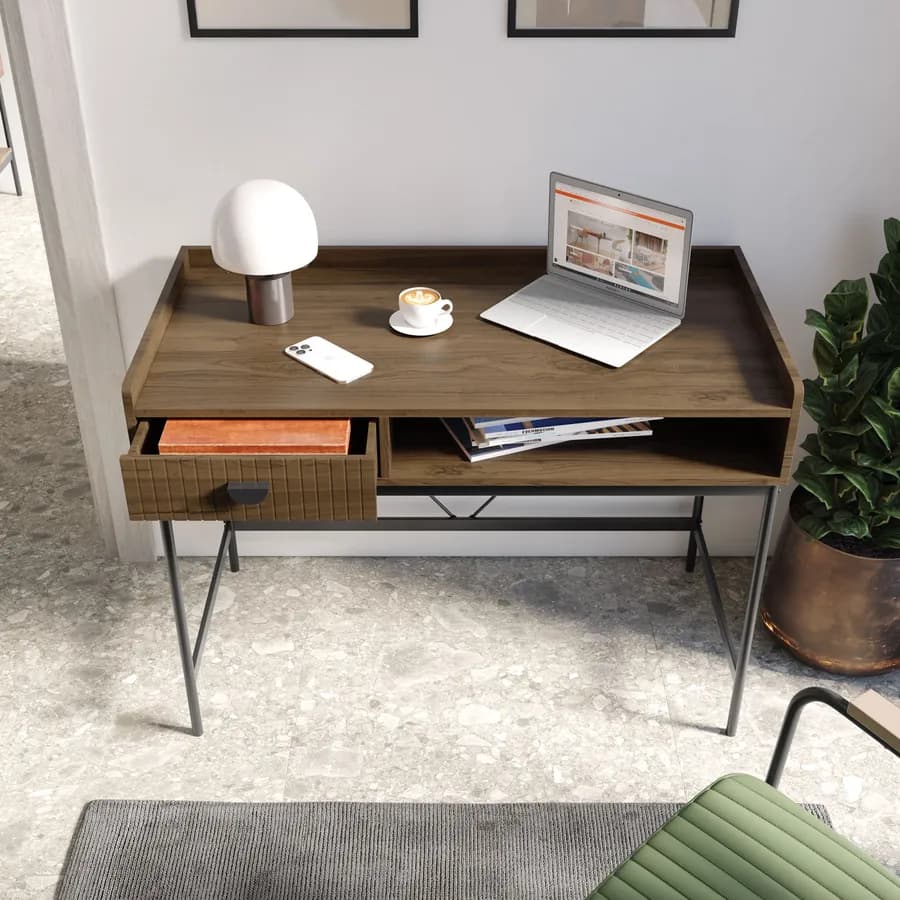 Scrivania 110x55 cm con 1 cassetto soft close noce cannettato e gambe in metallo nero - Ozma