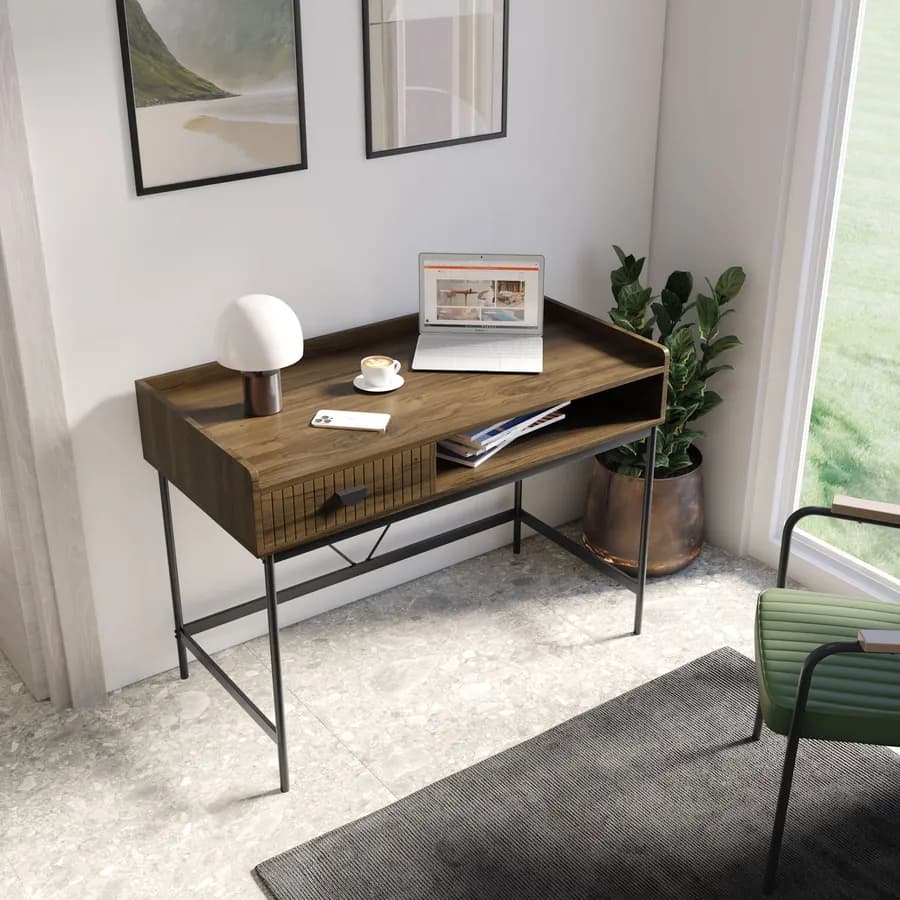 Scrivania 110x55 cm con 1 cassetto soft close noce cannettato e gambe in metallo nero - Ozma