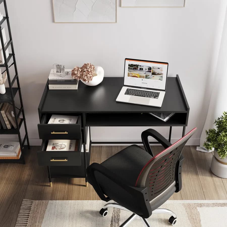 Scrivania 110x55 cm in legno nero con cassetti e inserti dorati - Tedy