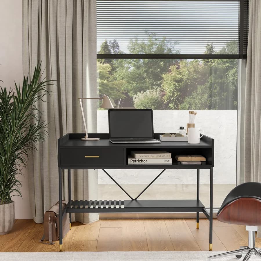 Scrivania 110x60 cm nero cassetto e ripiano portaoggetti con struttura in acciaio e finiture oro - Zamia