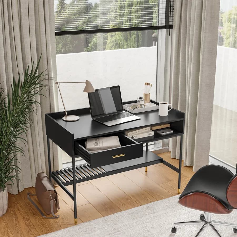 Scrivania 110x60 cm nero cassetto e ripiano portaoggetti con struttura in acciaio e finiture oro - Zamia