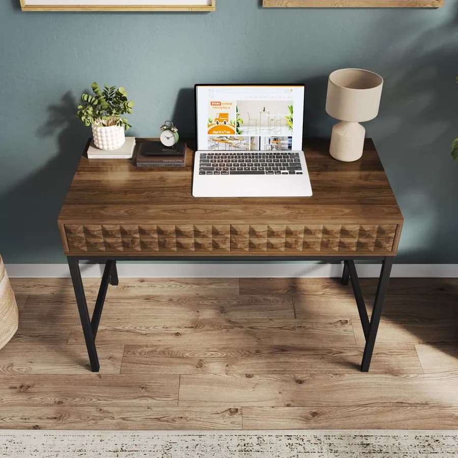 Scrivania 111x54 cm rovere scuro con 2 cassetti decorati e struttura in acciaio nero - Abuela
