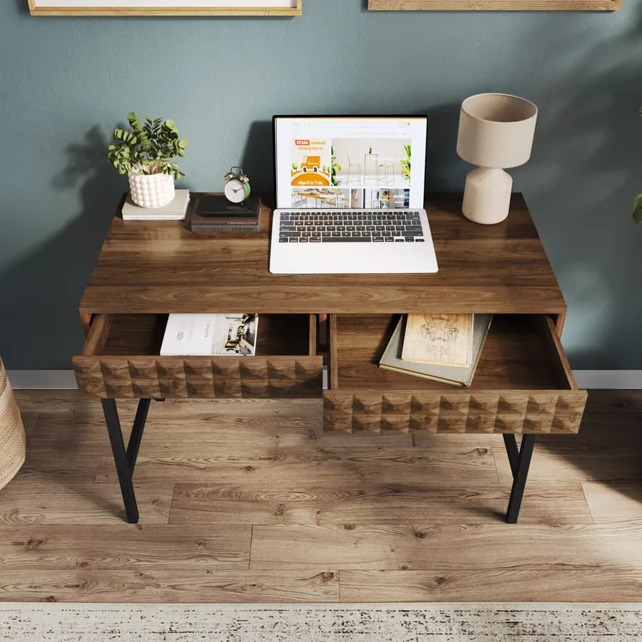 Scrivania 111x54 cm rovere scuro con 2 cassetti decorati e struttura in acciaio nero - Abuela