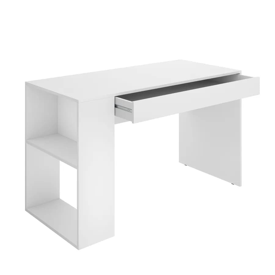 Scrivania 115x74 cm reversibile in legno bianco con vani a giorno e cassetto - Otis