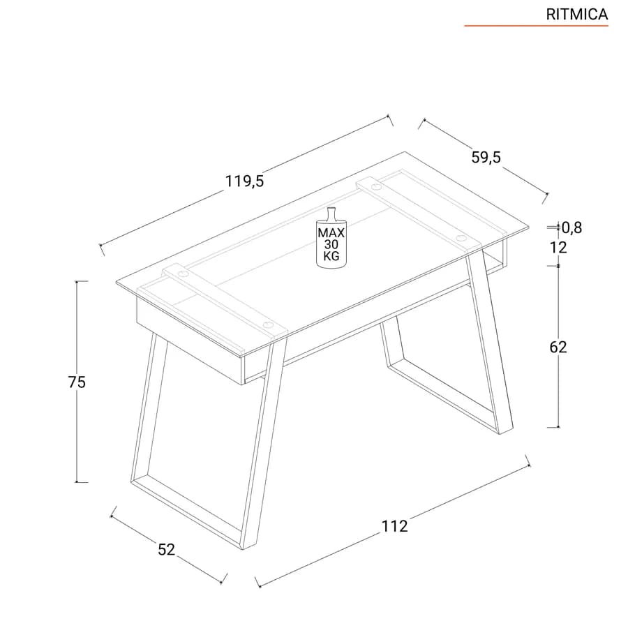 Scrivania 120x60 cm piano in vetro temperato con ripiano contenitore in legno rovere e gambe in acciaio nero - Ritmica