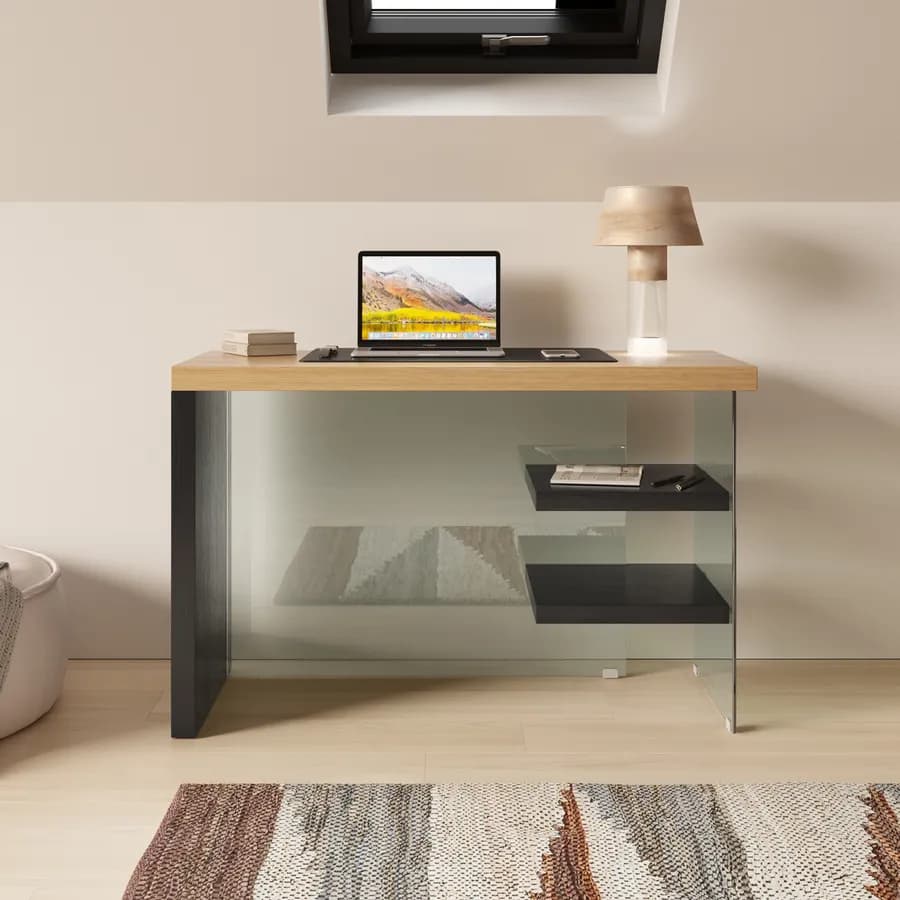 Scrivania 120x50 cm in legno nero e rovere con ripiani e struttura in vetro temperato - City