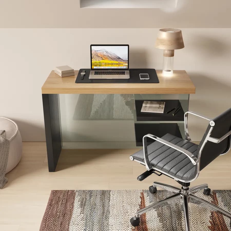 Scrivania 120x50 cm in legno nero e rovere con ripiani e struttura in vetro temperato - City
