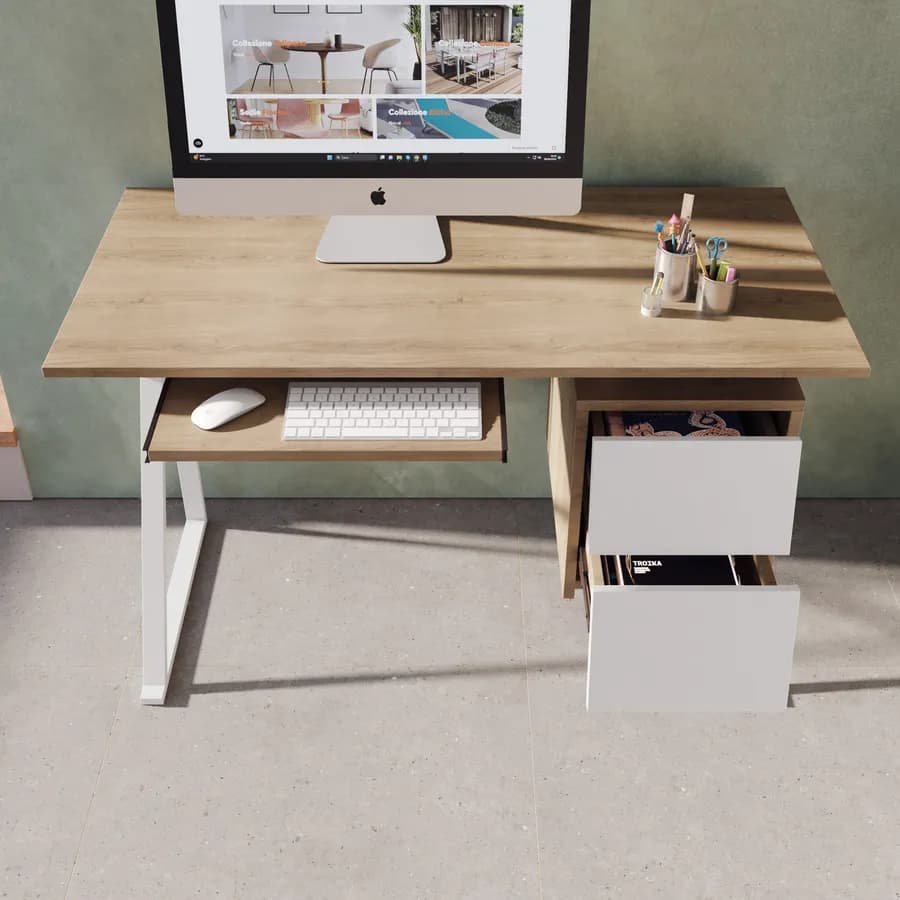 Scrivania 120x60 cm top effetto rovere sussex con cassetti e ripiano tastiera scorrevole - Apta