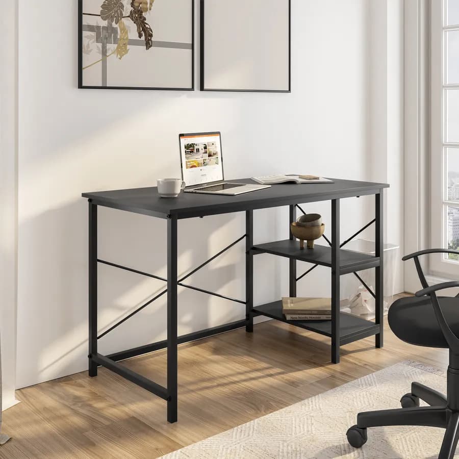 Scrivania 120x60 cm effetto rovere e struttura in metallo nero con ripiani - Caio