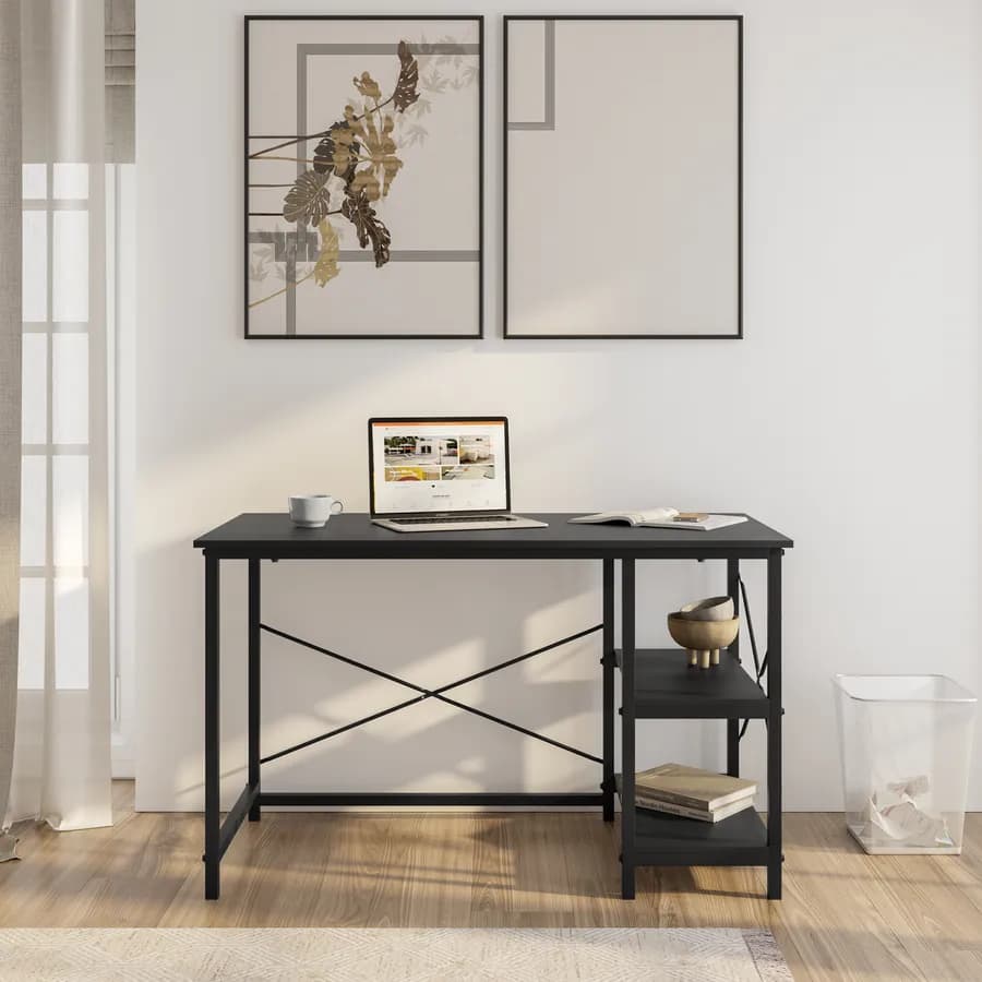 Scrivania 120x60 cm effetto rovere e struttura in metallo nero con ripiani - Caio