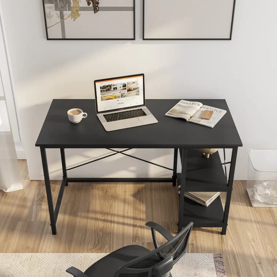Scrivania 120x60 cm effetto rovere e struttura in metallo nero con ripiani - Caio