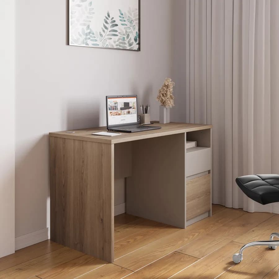 Scrivania 120x60 cm rovere smoked e tortora con 1 cassetto e 1 anta - Rayla