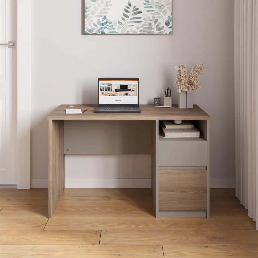 Scrivania 120x60 cm rovere smoked e tortora con 1 cassetto e 1 anta - Rayla