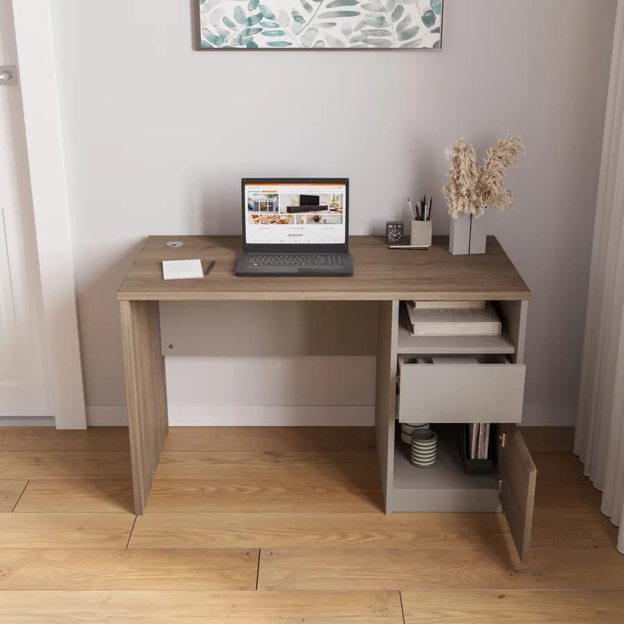 Scrivania 120x60 cm rovere smoked e tortora con 1 cassetto e 1 anta - Rayla