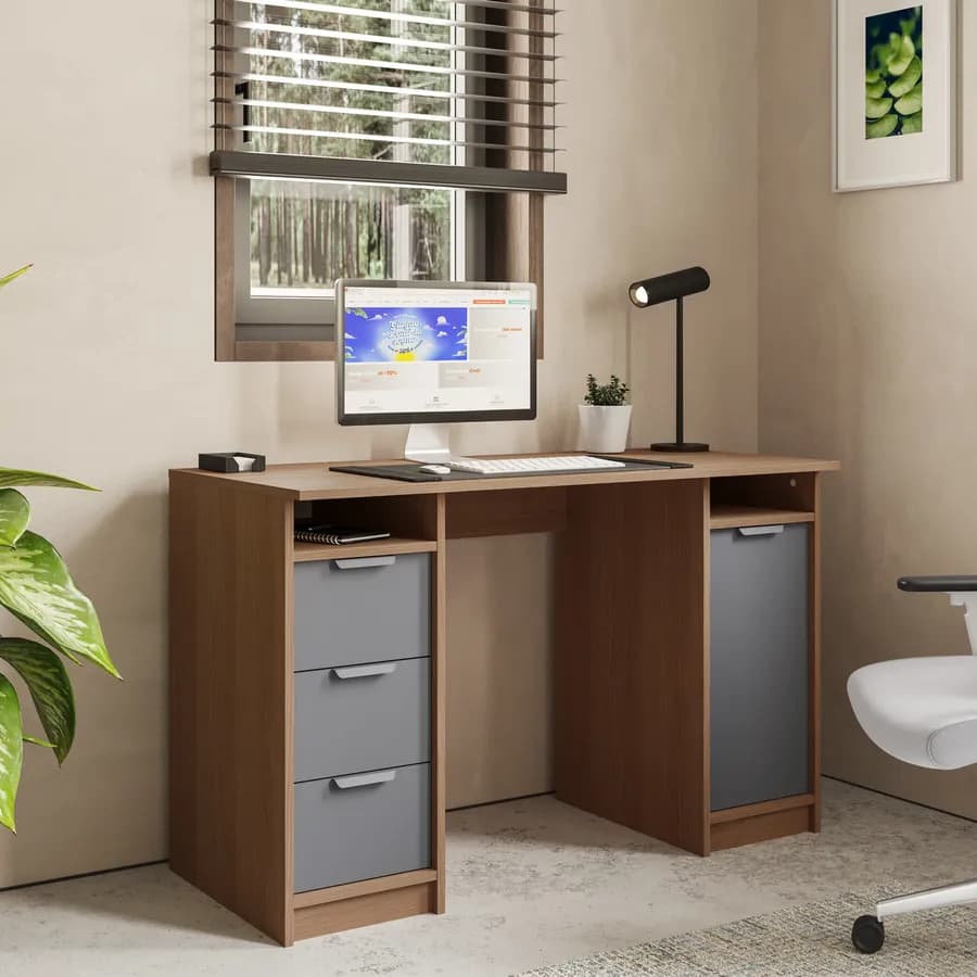 Scrivania 120x50 cm legno antracite e rovere con 1 anta e 3 cassetti - Aubin