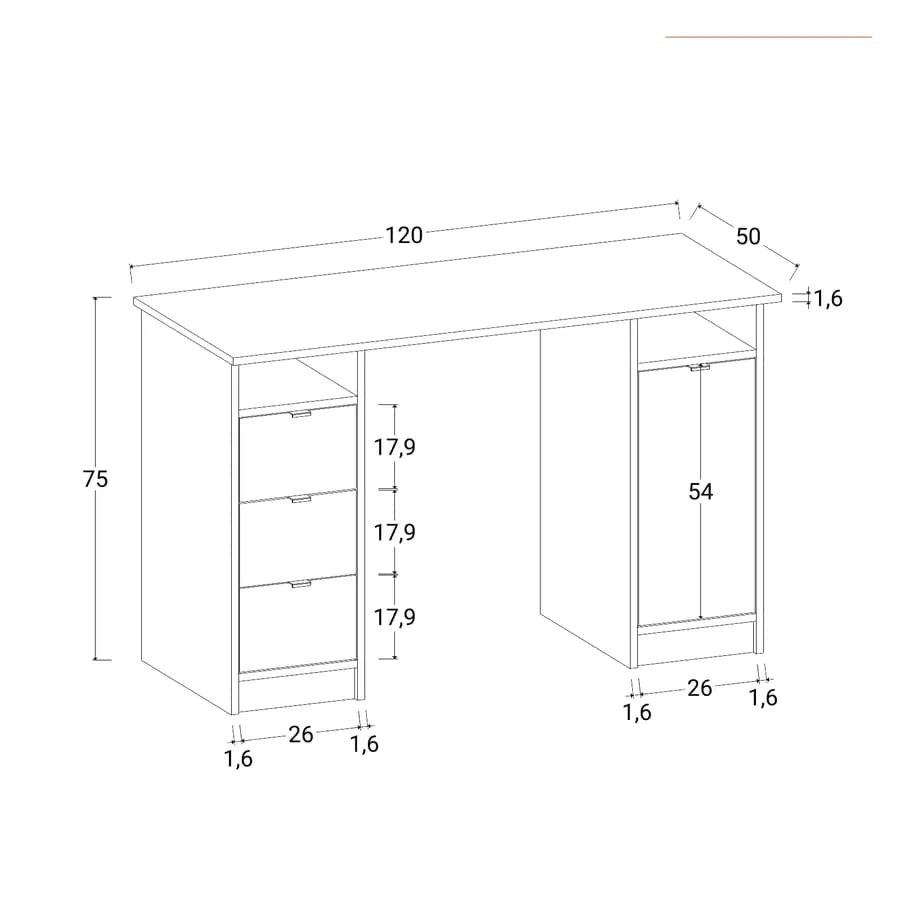 Scrivania 120x50 cm legno antracite e rovere con 1 anta e 3 cassetti - Aubin