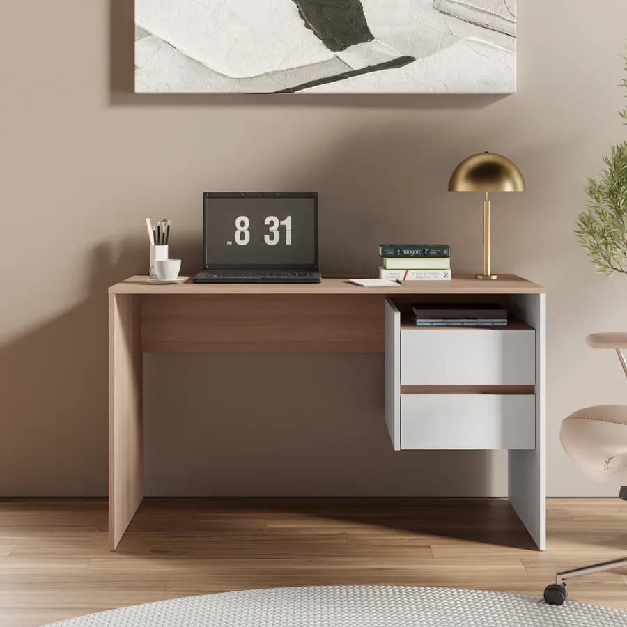 Scrivania 120x52 cm legno effetto rovere e bianco con 2 cassetti - Pretty