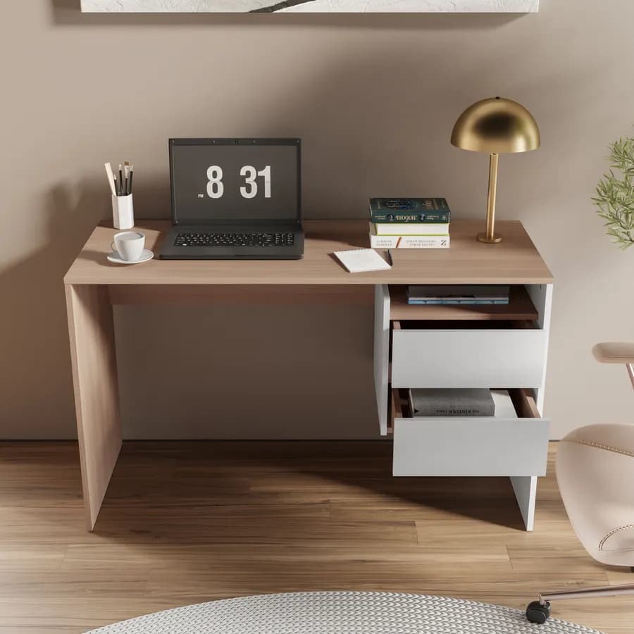 Scrivania 120x52 cm legno effetto rovere e bianco con 2 cassetti - Pretty