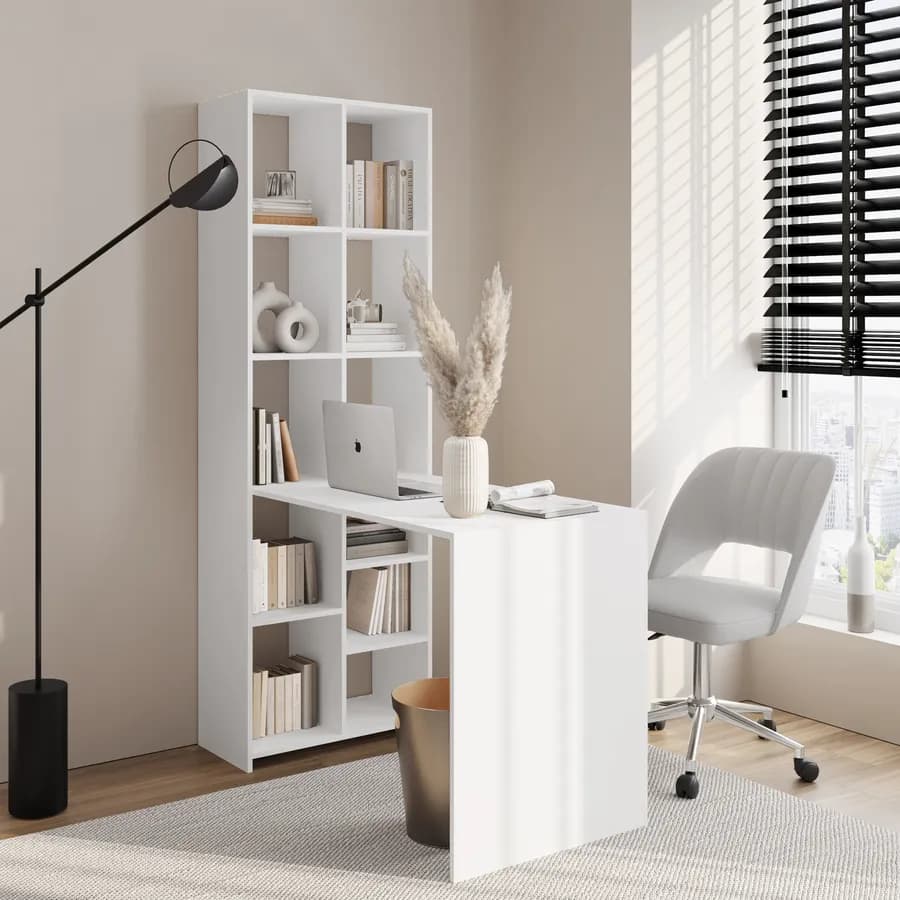 Scrivania 120x60 cm in legno bianco opaco con libreria integrata h182 cm - Sketto