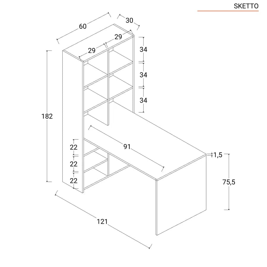 Scrivania 120x60 cm in legno bianco opaco con libreria integrata h182 cm - Sketto