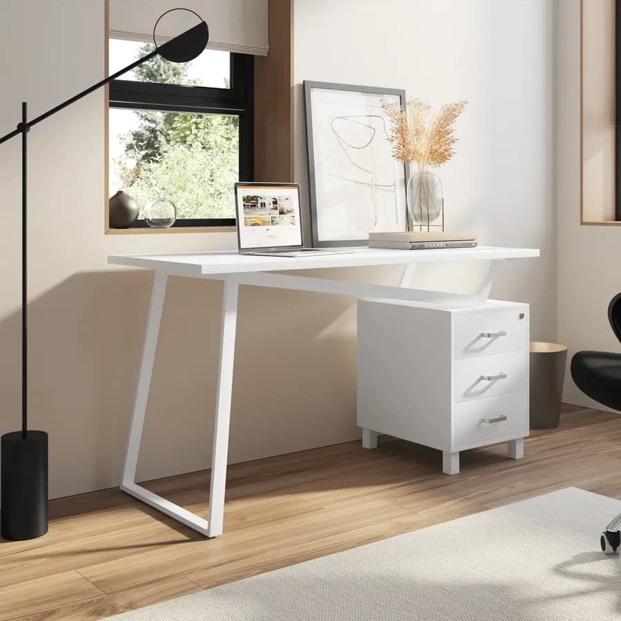 Scrivania 140x60 cm reversibile in legno e acciaio bianco con cassettiera integrata - Arrow