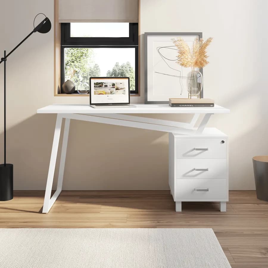 Scrivania 140x60 cm reversibile in legno e acciaio bianco con cassettiera integrata - Arrow