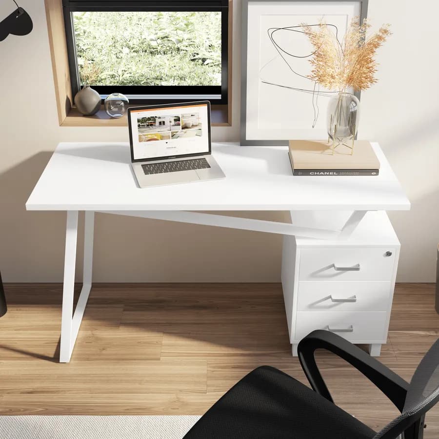 Scrivania 140x60 cm reversibile in legno e acciaio bianco con cassettiera integrata - Arrow