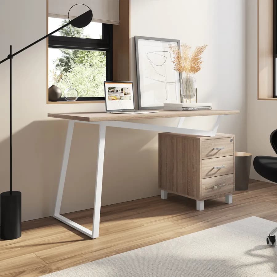Scrivania 140x60 cm reversibile in legno rovere e acciaio bianco con cassettiera integrata - Arrow