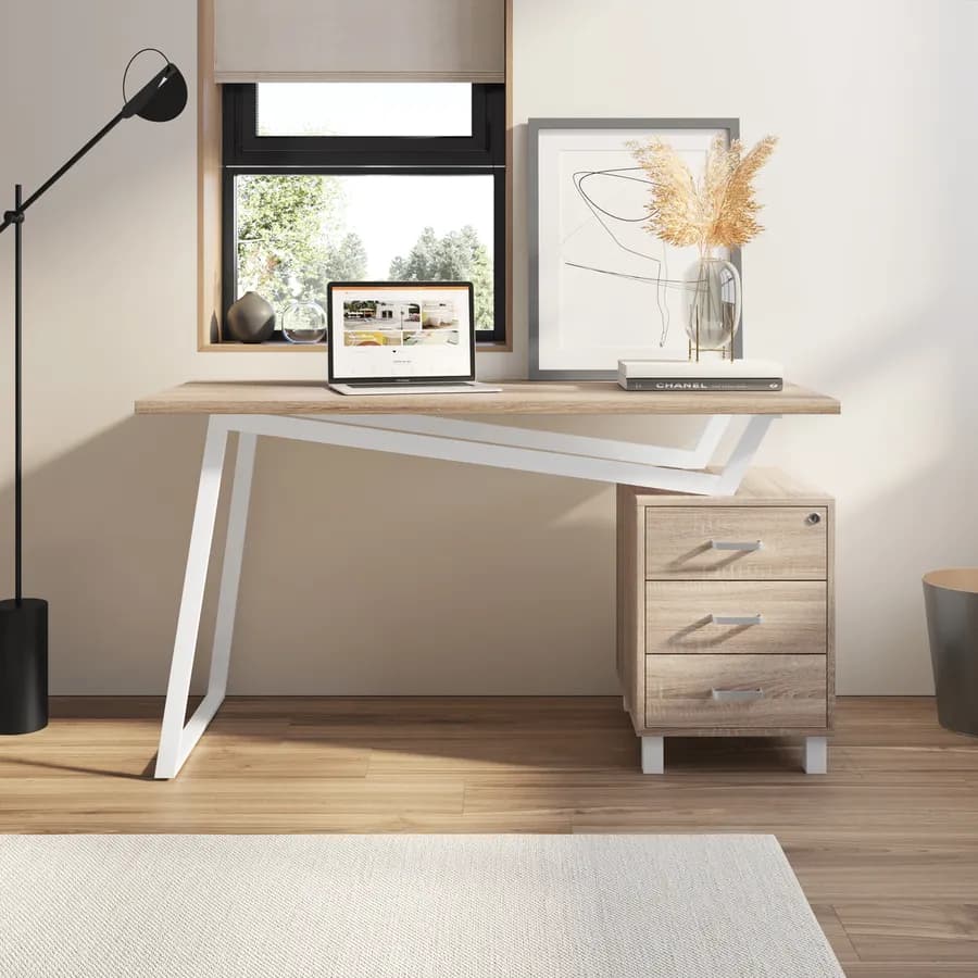 Scrivania 140x60 cm reversibile in legno rovere e acciaio bianco con cassettiera integrata - Arrow