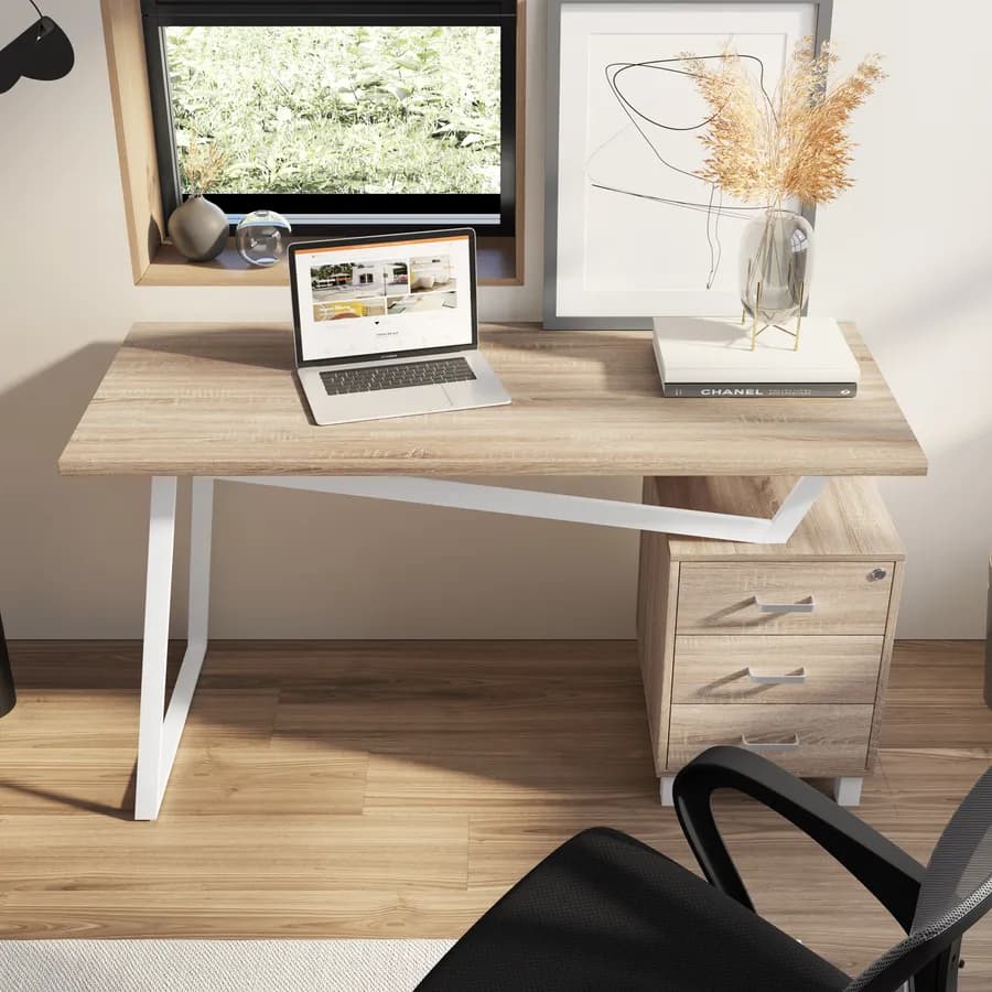 Scrivania 140x60 cm reversibile in legno rovere e acciaio bianco con cassettiera integrata - Arrow