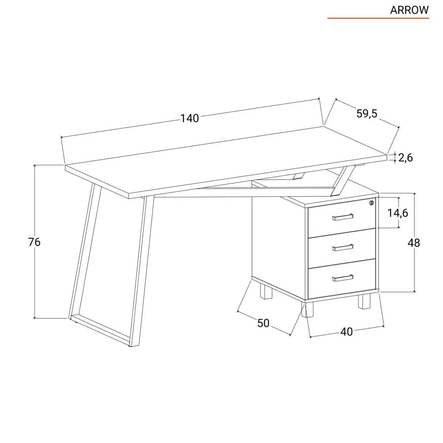 Scrivania 140x60 cm reversibile in legno rovere e acciaio bianco con cassettiera integrata - Arrow