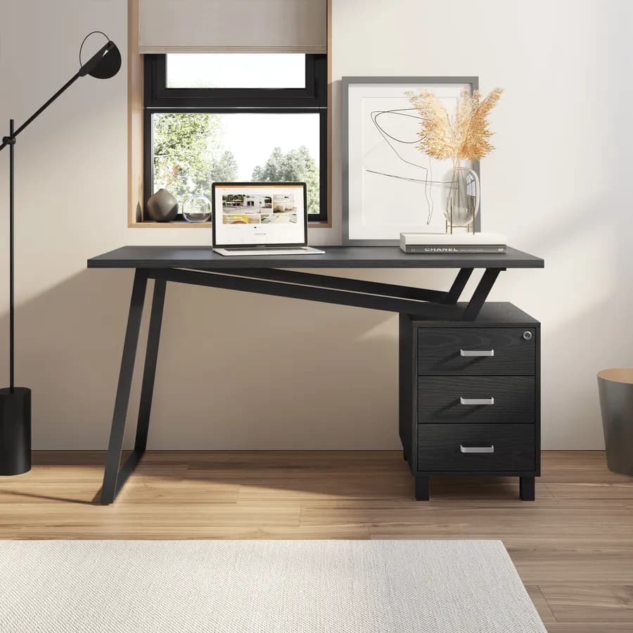 Scrivania 140x60 cm reversibile in legno e acciaio nero con cassettiera integrata - Arrow