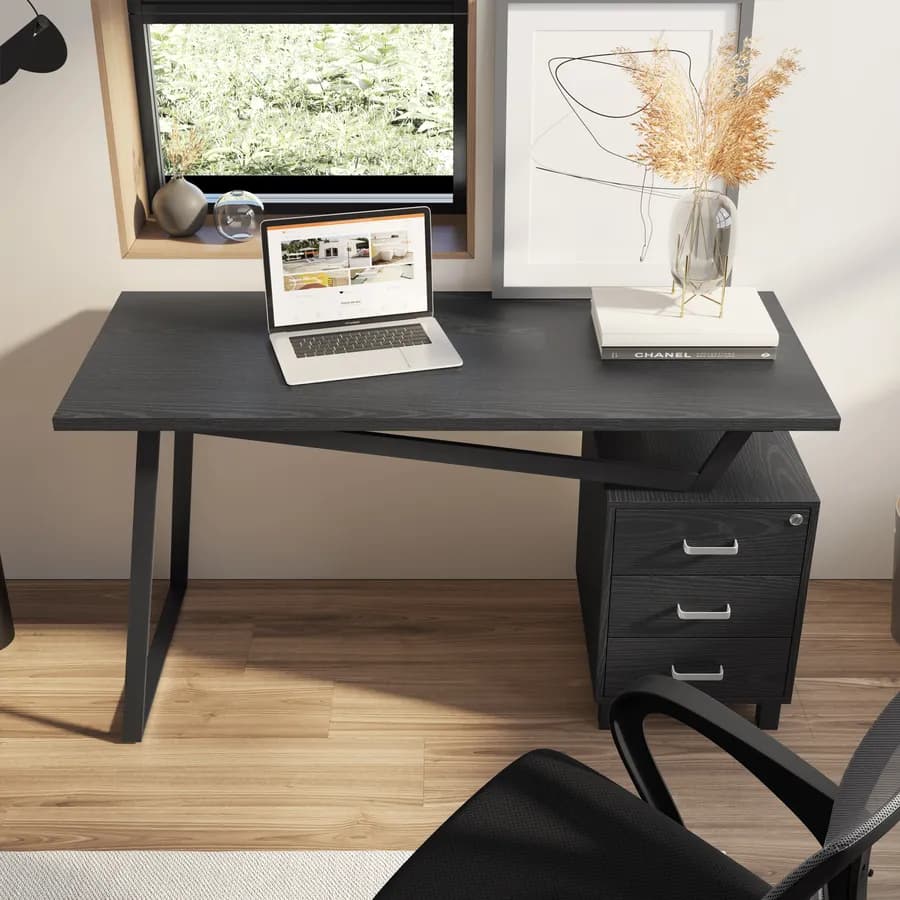 Scrivania 140x60 cm reversibile in legno e acciaio nero con cassettiera integrata - Arrow