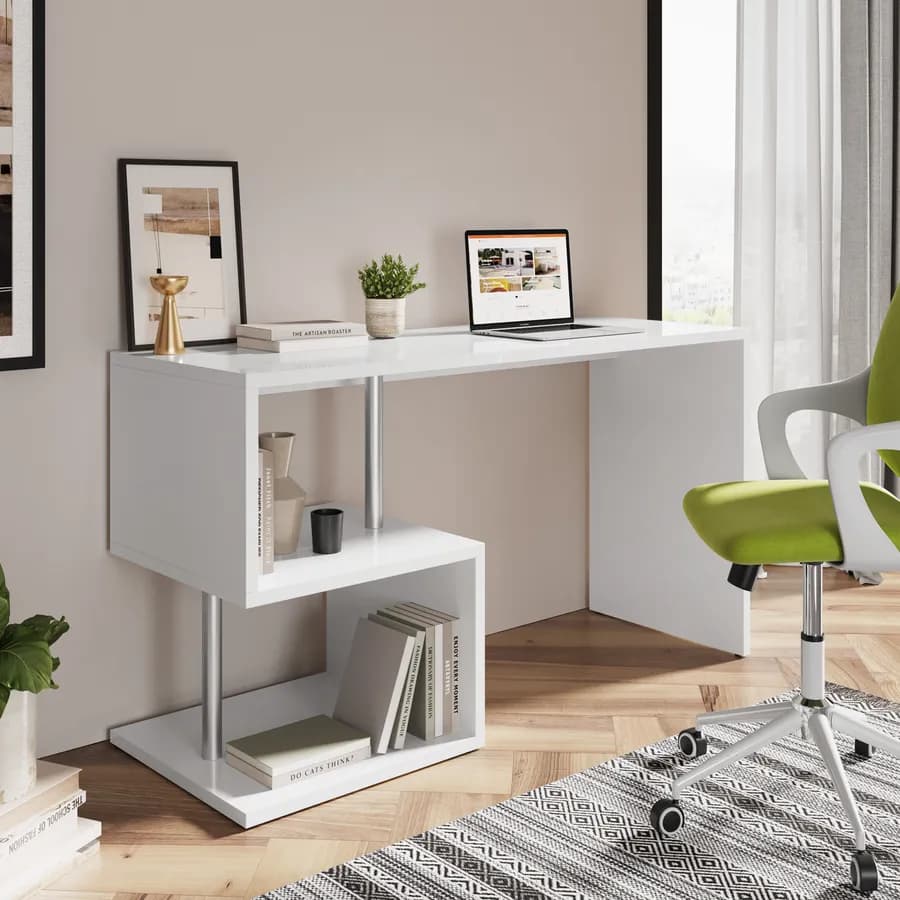 Scrivania 140x60 cm in legno bianco lucido con struttura ad S e vani a giorno - Caless