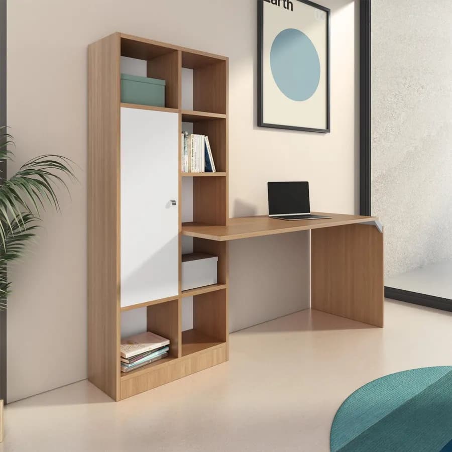 Scrivania 170x60 cm in legno rovere e bianco con libreria integrata h170 cm - Opti